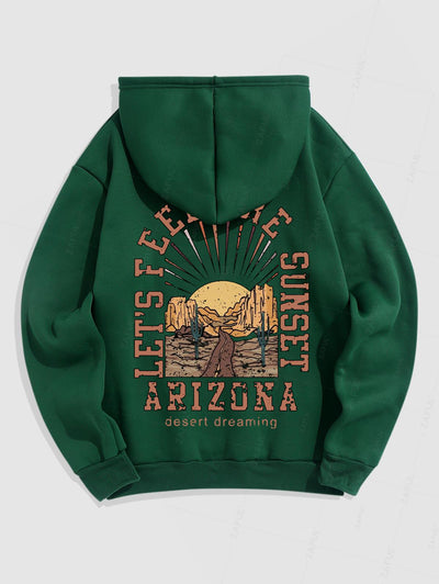 Men's Letter Arizona Sunset Cactus Pattern Fuzzy Fleece-lined Kangaroo Pocket Design Pullover Hoodie