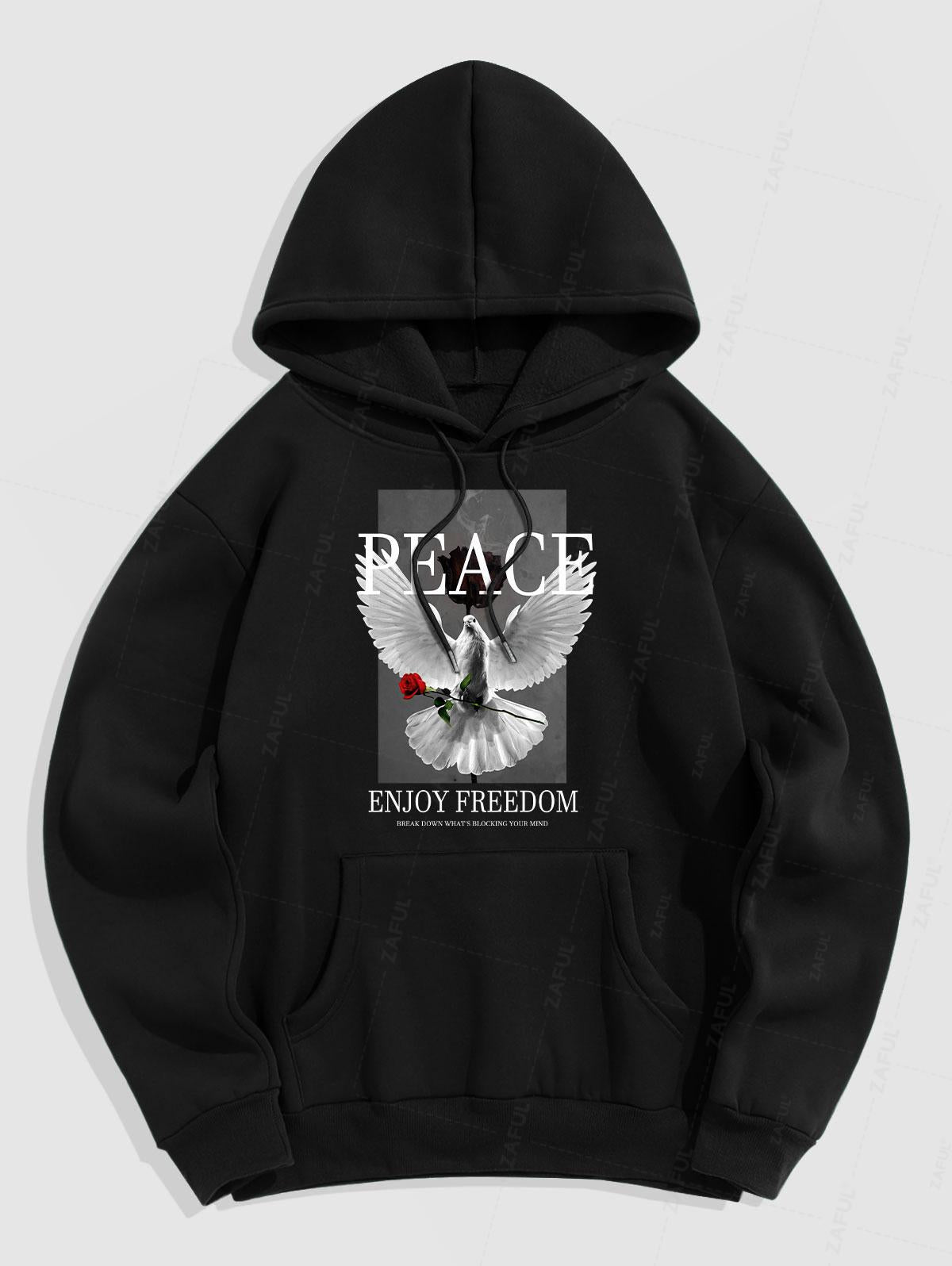 Men's Letter Floral Rose Eagle Pattern Fuzzy Fleece-lined Kangaroo Pocket Design Pullover Hoodie