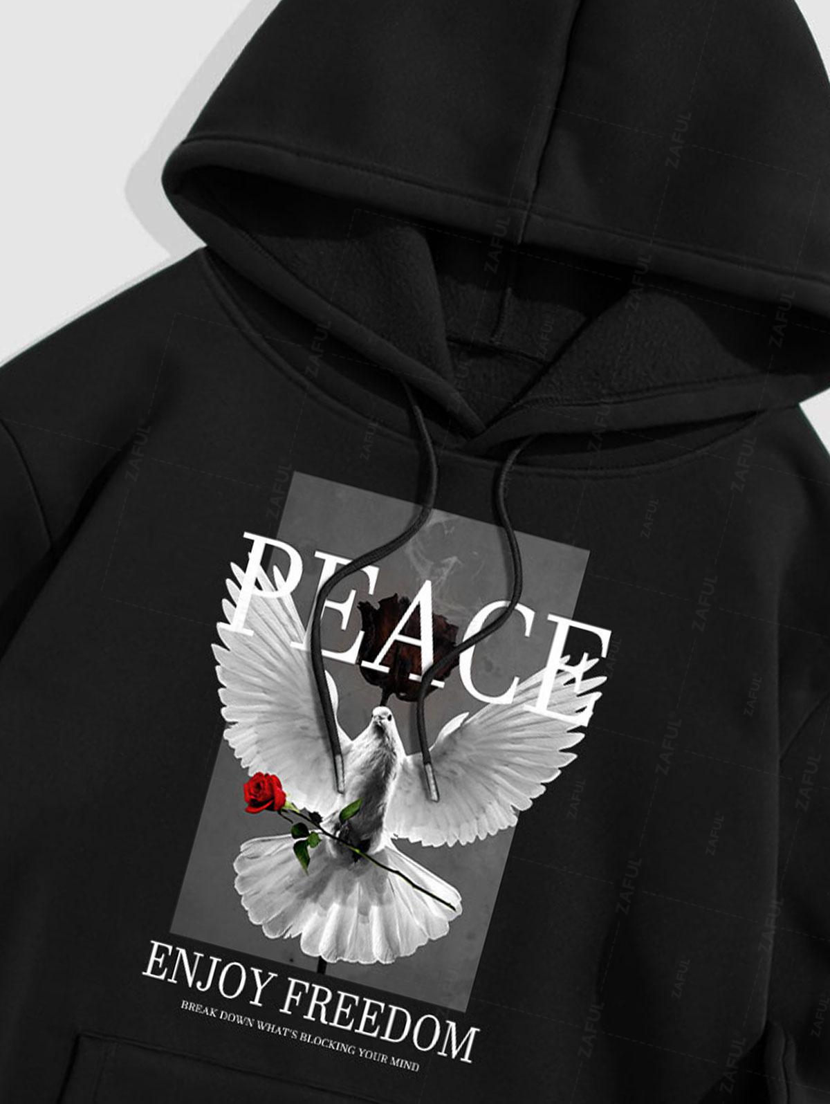 Men's Letter Floral Rose Eagle Pattern Fuzzy Fleece-lined Kangaroo Pocket Design Pullover Hoodie