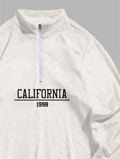 Men's CALIFORNIA 1998 Graphic Pattern Fluffy Fleece Quarter Zip Stand Collar Sweatshirt