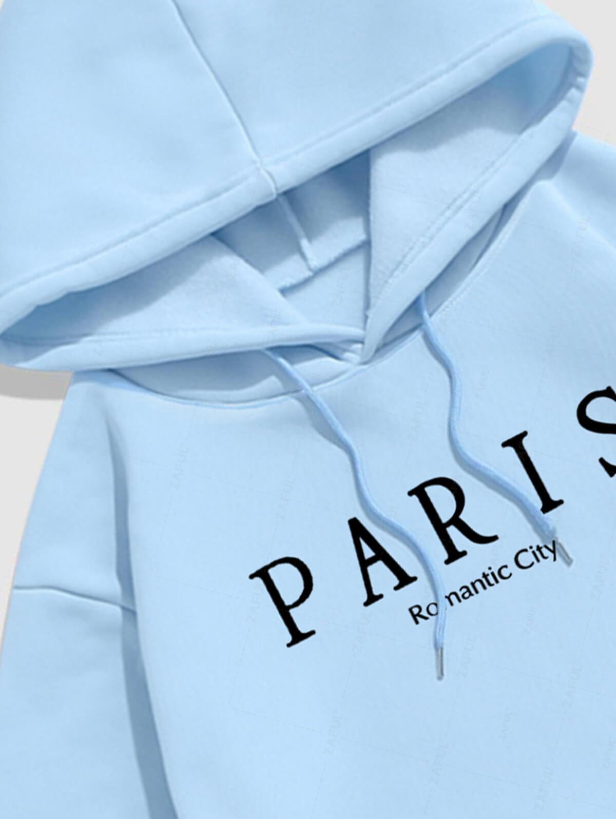 Men's Casual Letter PARIS Romantic City Pattern Fuzzy Fleece-lined Kangaroo Pocket Design Pullover Hoodie