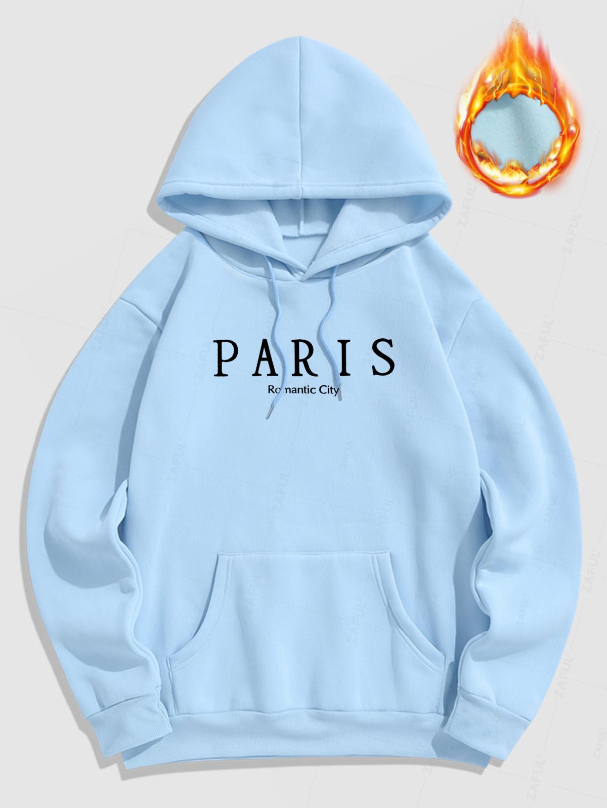 Men's Casual Letter PARIS Romantic City Pattern Fuzzy Fleece-lined Kangaroo Pocket Design Pullover Hoodie