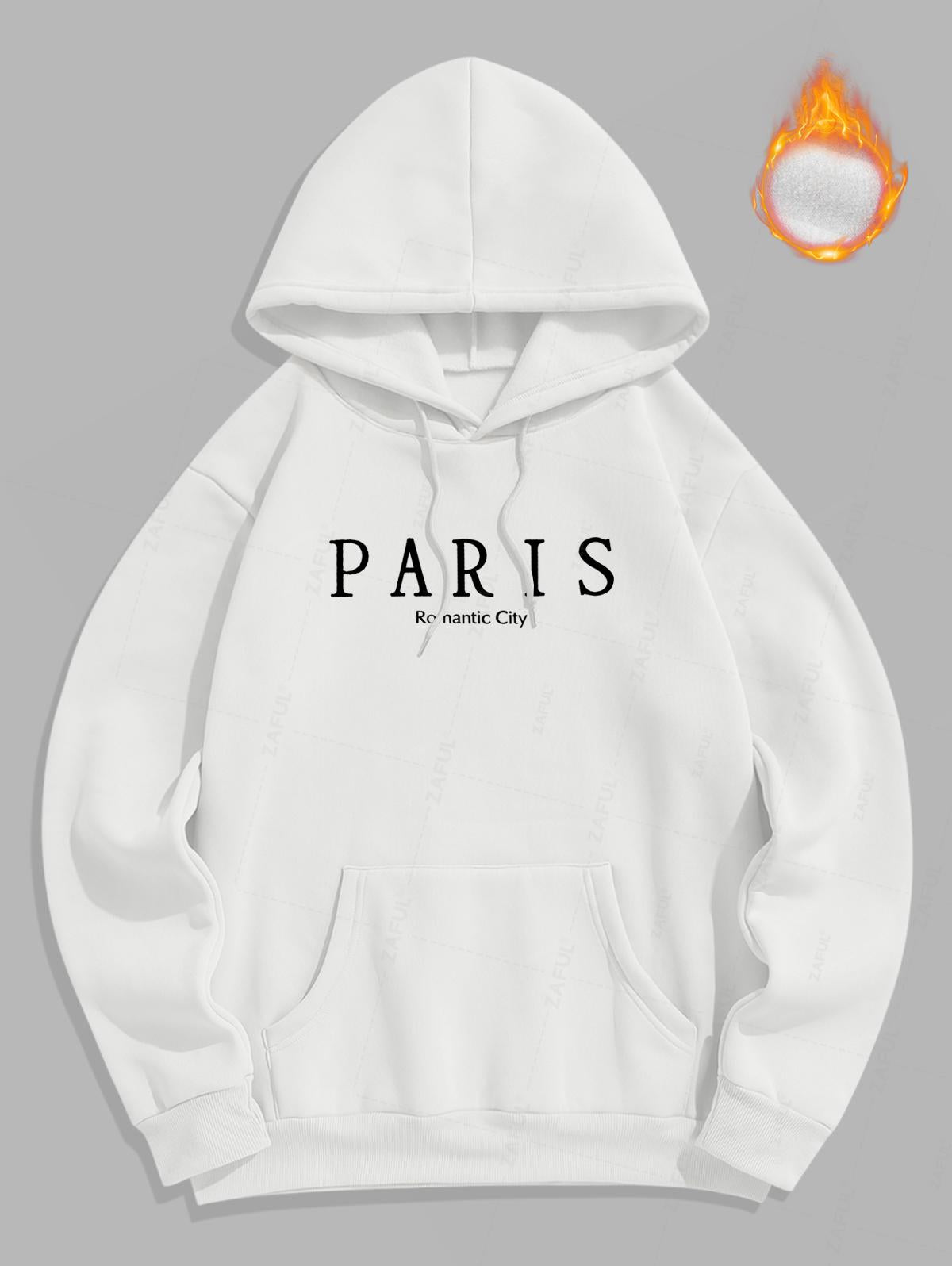 Men's Casual Letter PARIS Romantic City Pattern Fuzzy Fleece-lined Kangaroo Pocket Design Pullover Hoodie