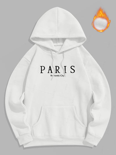 Men's Casual Letter PARIS Romantic City Pattern Fuzzy Fleece-lined Kangaroo Pocket Design Pullover Hoodie