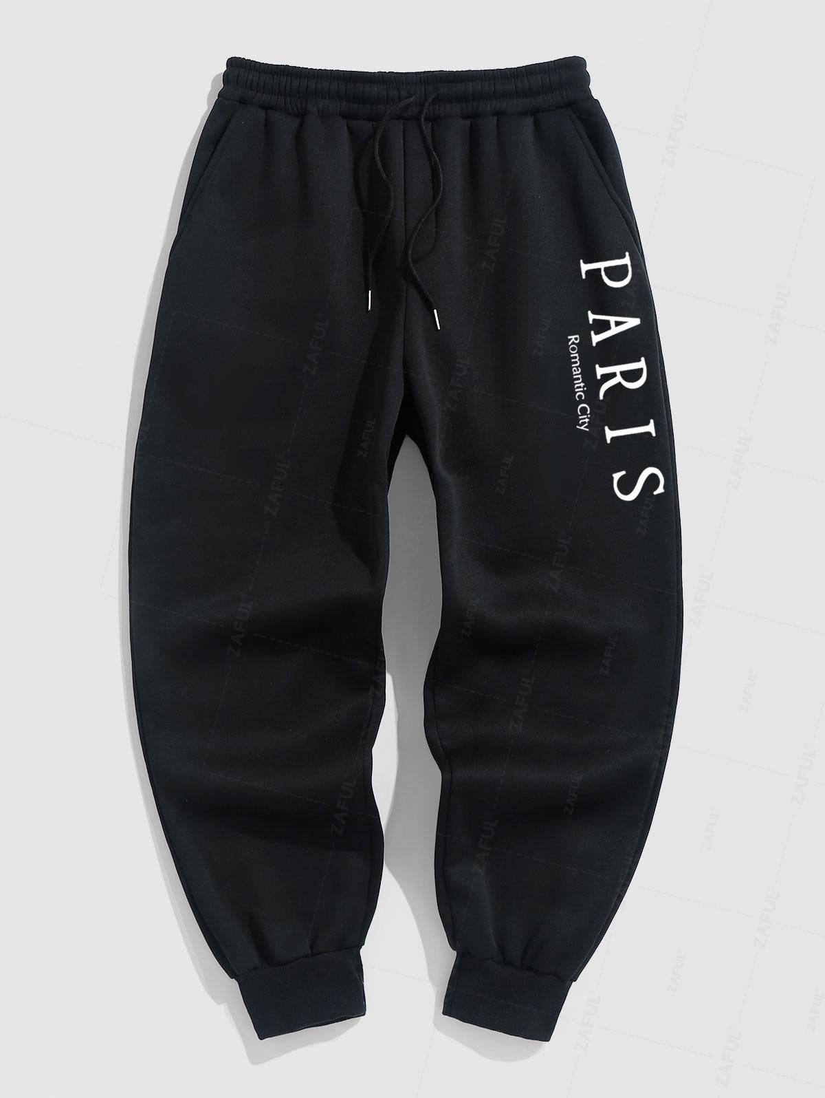 Men's Casual Letter PARIS Romantic City Pattern Fuzzy Fleece-lined Drawstring Jogger Sweatpants