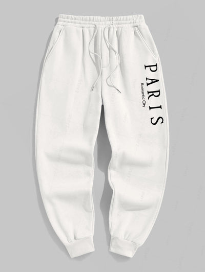 Men's Casual Letter PARIS Romantic City Pattern Fuzzy Fleece-lined Drawstring Jogger Sweatpants