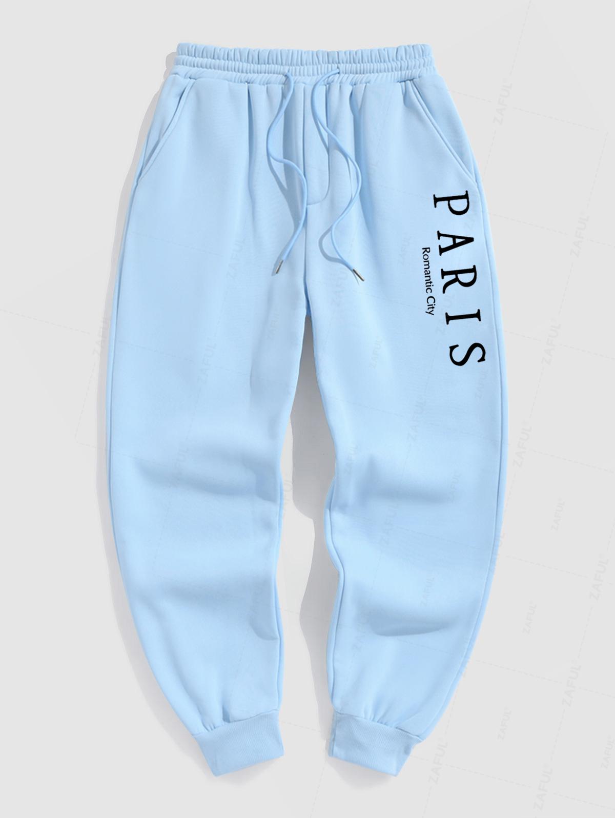 Men's Casual Letter PARIS Romantic City Pattern Fuzzy Fleece-lined Drawstring Jogger Sweatpants