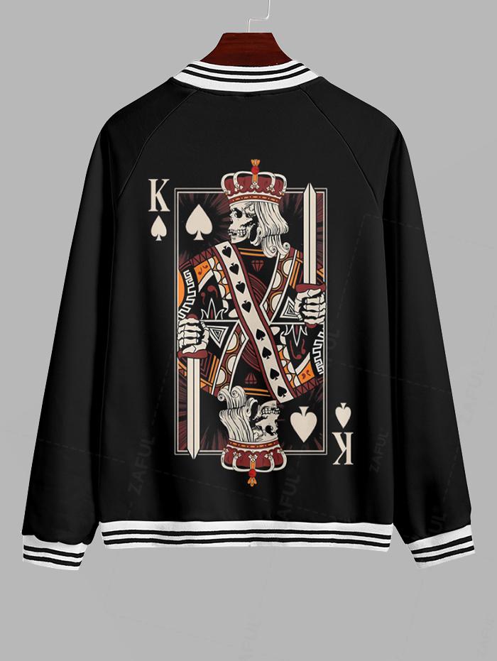 Men's K Playing Card Graphic Pattern Contrast Striped Trim Single-breasted Baseball Jacket