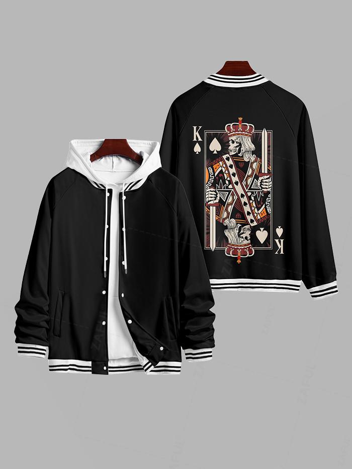 Men's K Playing Card Graphic Pattern Contrast Striped Trim Single-breasted Baseball Jacket