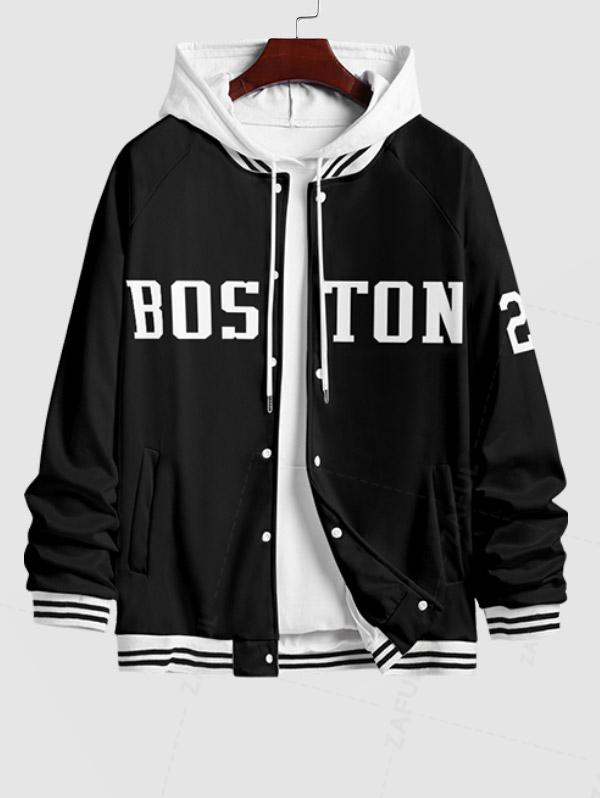 Men's Letter BOSTON Pattern Contrast Striped Trim Single-breasted Baseball Jacket