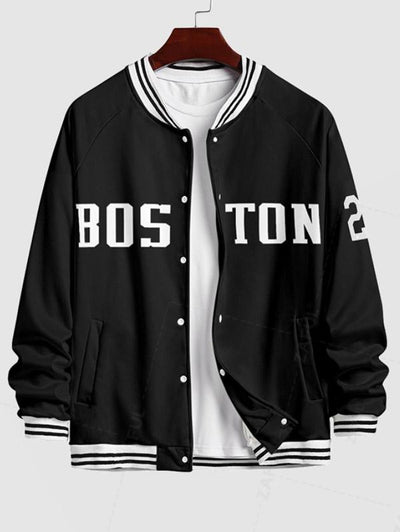 Men's Letter BOSTON Pattern Contrast Striped Trim Single-breasted Baseball Jacket