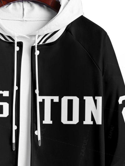 Men's Letter BOSTON Pattern Contrast Striped Trim Single-breasted Baseball Jacket