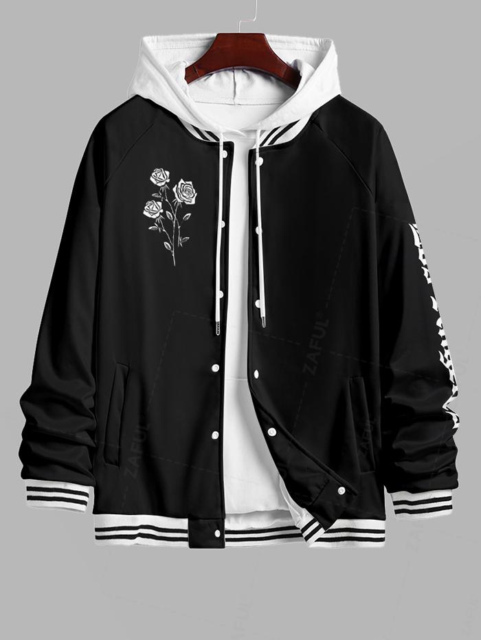 Men's Letter Floral Rose Pattern Contrast Striped Trim Single-breasted Baseball Jacket