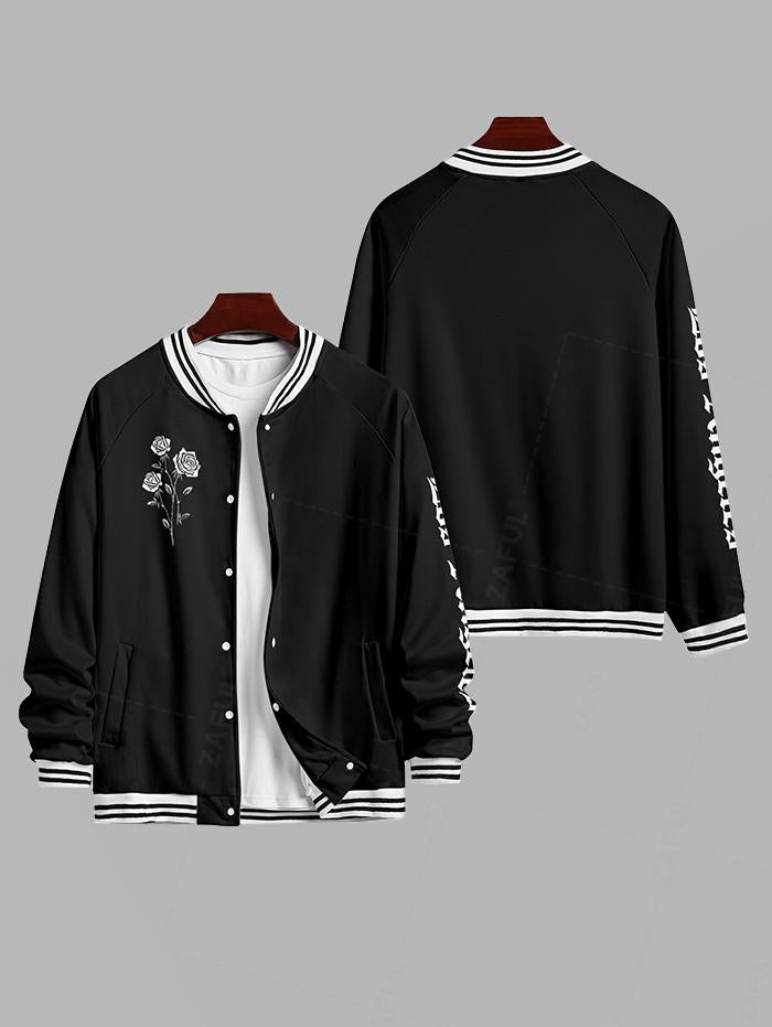 Men's Letter Floral Rose Pattern Contrast Striped Trim Single-breasted Baseball Jacket