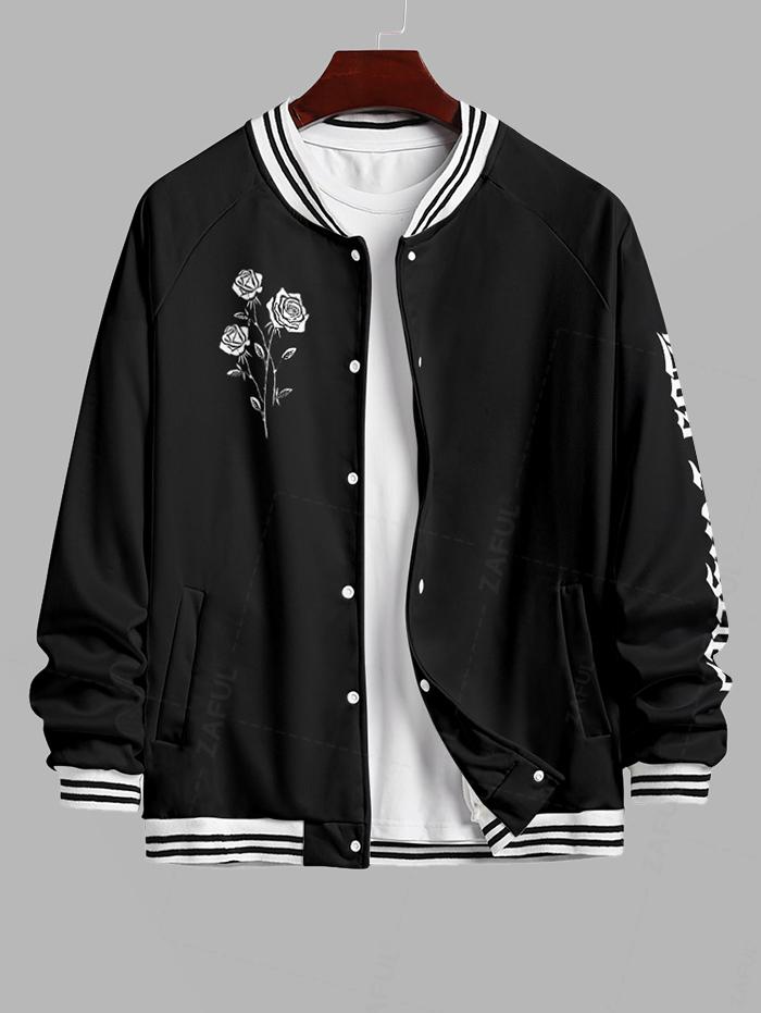 Men's Letter Floral Rose Pattern Contrast Striped Trim Single-breasted Baseball Jacket