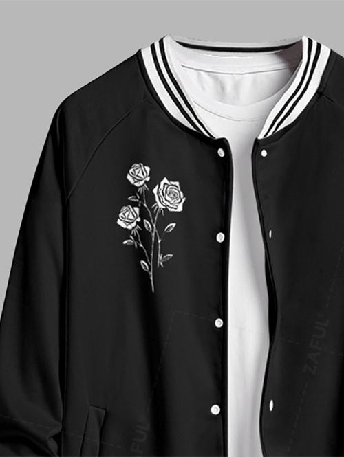 Men's Letter Floral Rose Pattern Contrast Striped Trim Single-breasted Baseball Jacket