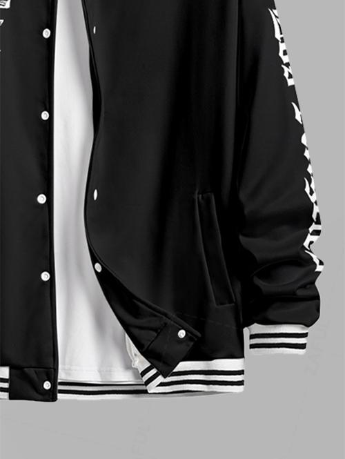 Men's Letter Floral Rose Pattern Contrast Striped Trim Single-breasted Baseball Jacket