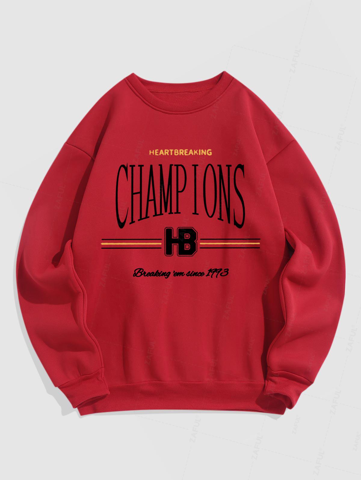 Men's Champions Heartbreaking Letter Number Graphic Printed Fuzzy Fleece-lined Crew Neck Pullover Sweatshirt