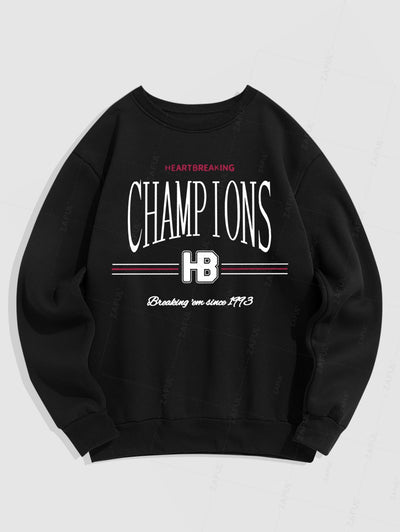 Men's Champions Heartbreaking Letter Number Graphic Printed Fuzzy Fleece-lined Crew Neck Pullover Sweatshirt