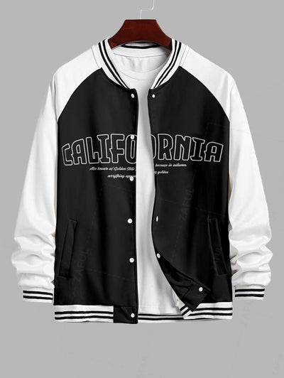 Men's Colorblock Letter Pattern Contrast Striped Trim Single-breasted Baseball Jacket