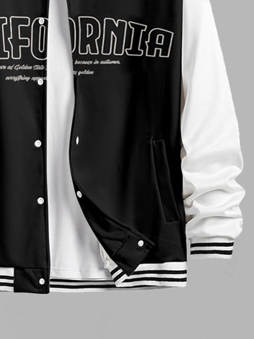 Men's Colorblock Letter Pattern Contrast Striped Trim Single-breasted Baseball Jacket