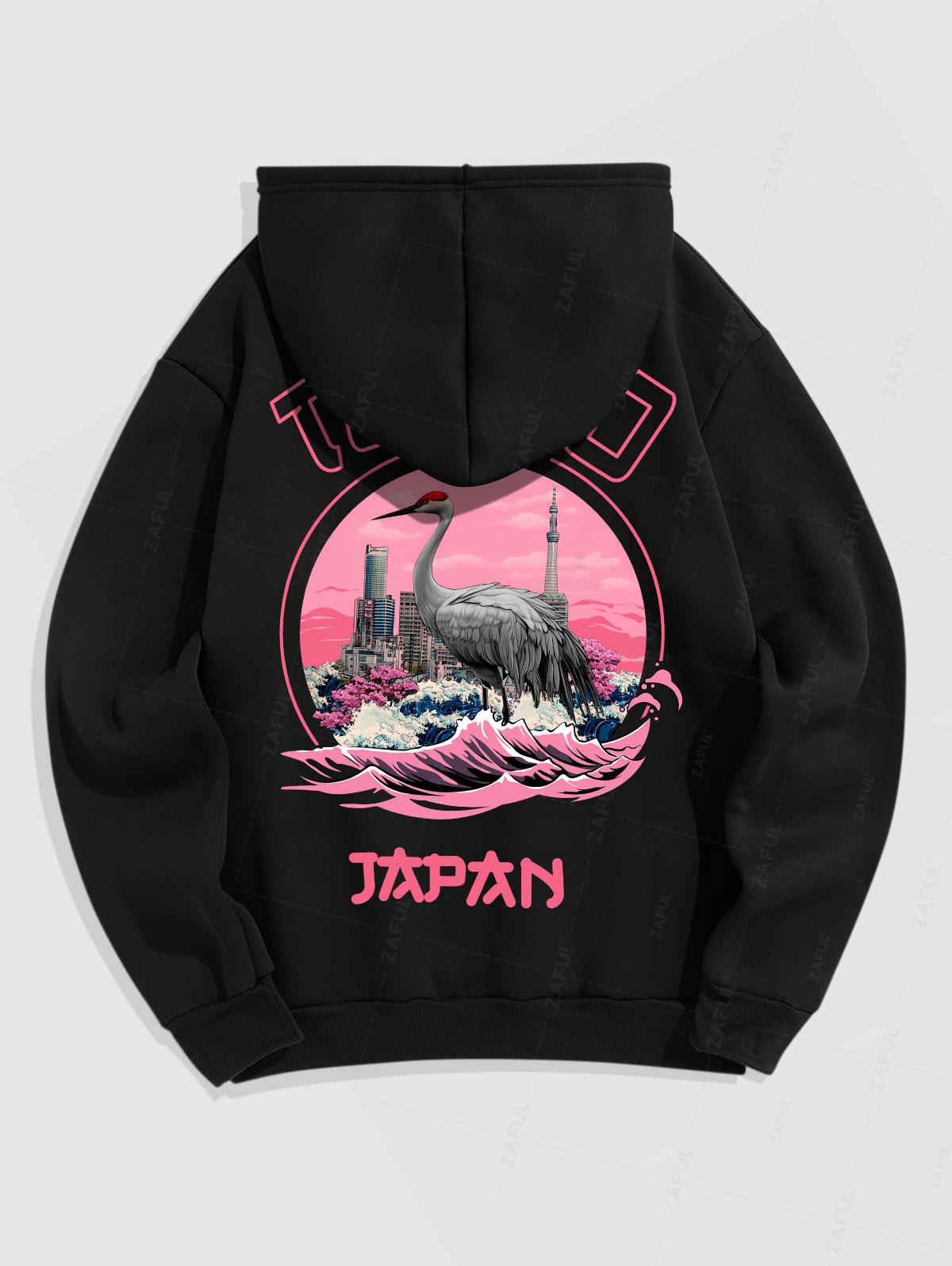 Men's Japan Letter Floral Crane Graphic Pattern Fuzzy Fleece-lined Kangaroo Pocket Design Pullover Hoodie