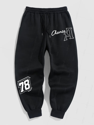 Men's Casual Letter Number Pattern Fuzzy Fleece-lined Drawstring Jogger Sweatpants