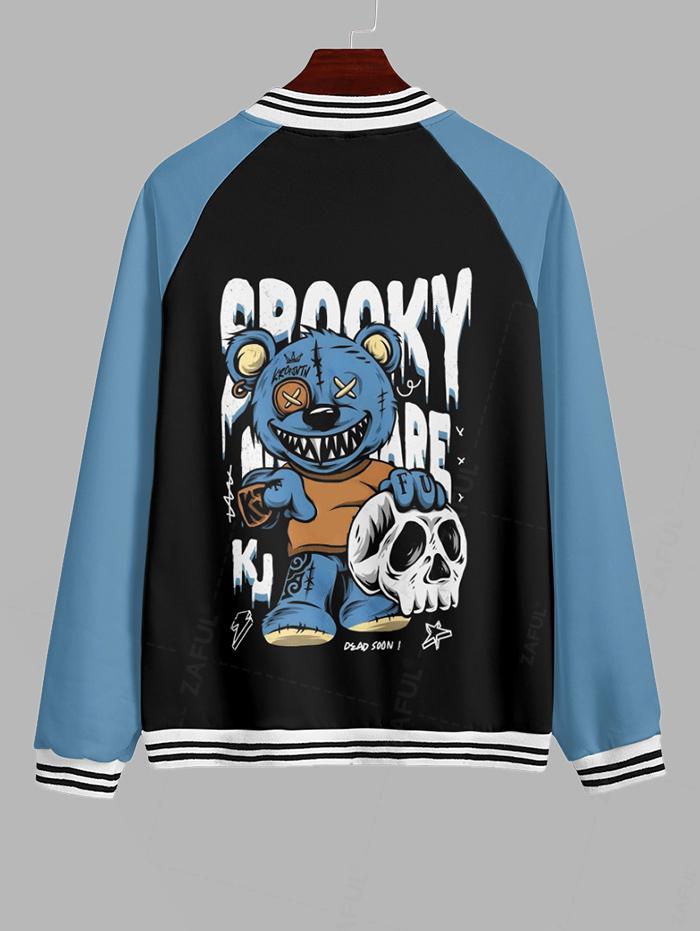 Men's Colorblock Skull Bear Letters Print Contrast Striped Trim Single-breasted Baseball Jacket