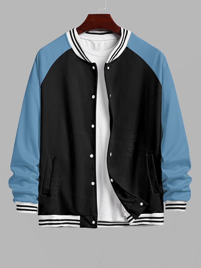 Men's Colorblock Skull Bear Letters Print Contrast Striped Trim Single-breasted Baseball Jacket