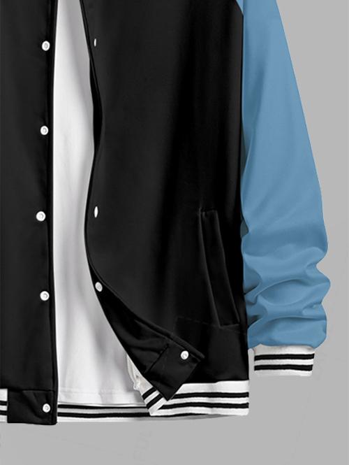 Men's Colorblock Skull Bear Letters Print Contrast Striped Trim Single-breasted Baseball Jacket