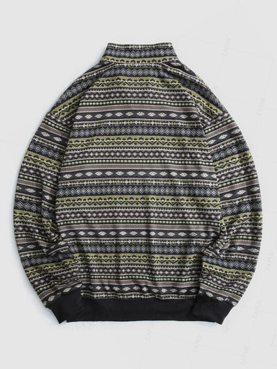 Men's Vintage Ethnic Print Quarter Zip Long Sleeve Stand Collar Pullover Sweatshirt