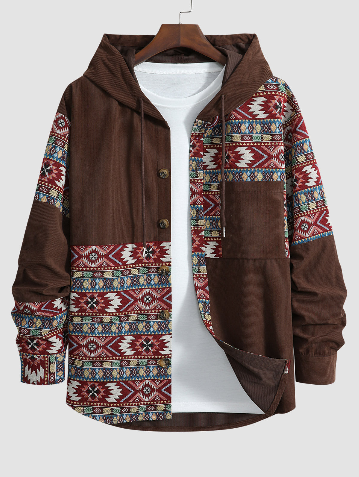 Men's Vintage Ethnic Print Spliced Pocket Design Button Up Long Sleeves Hooded Shirt