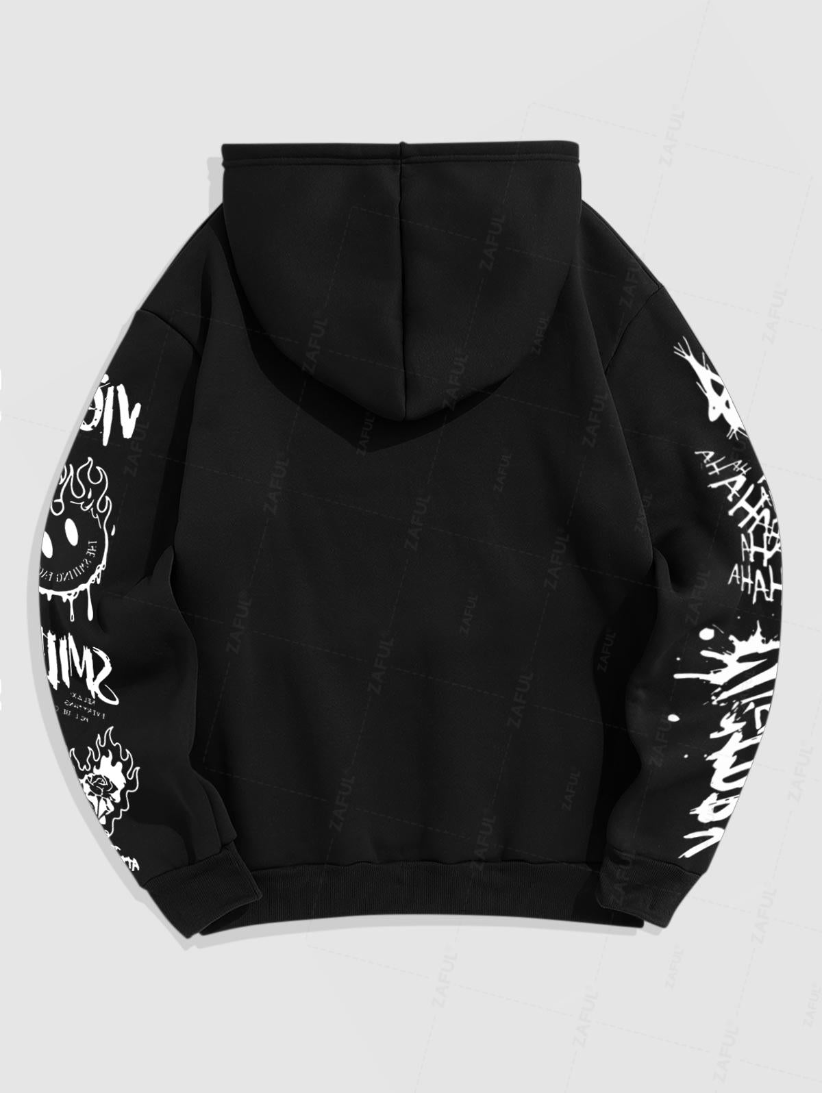 Men's Letter Smile Face Flame Floral Rose Pattern Fuzzy Fleece-lined Kangaroo Pocket Design Pullover Hoodie