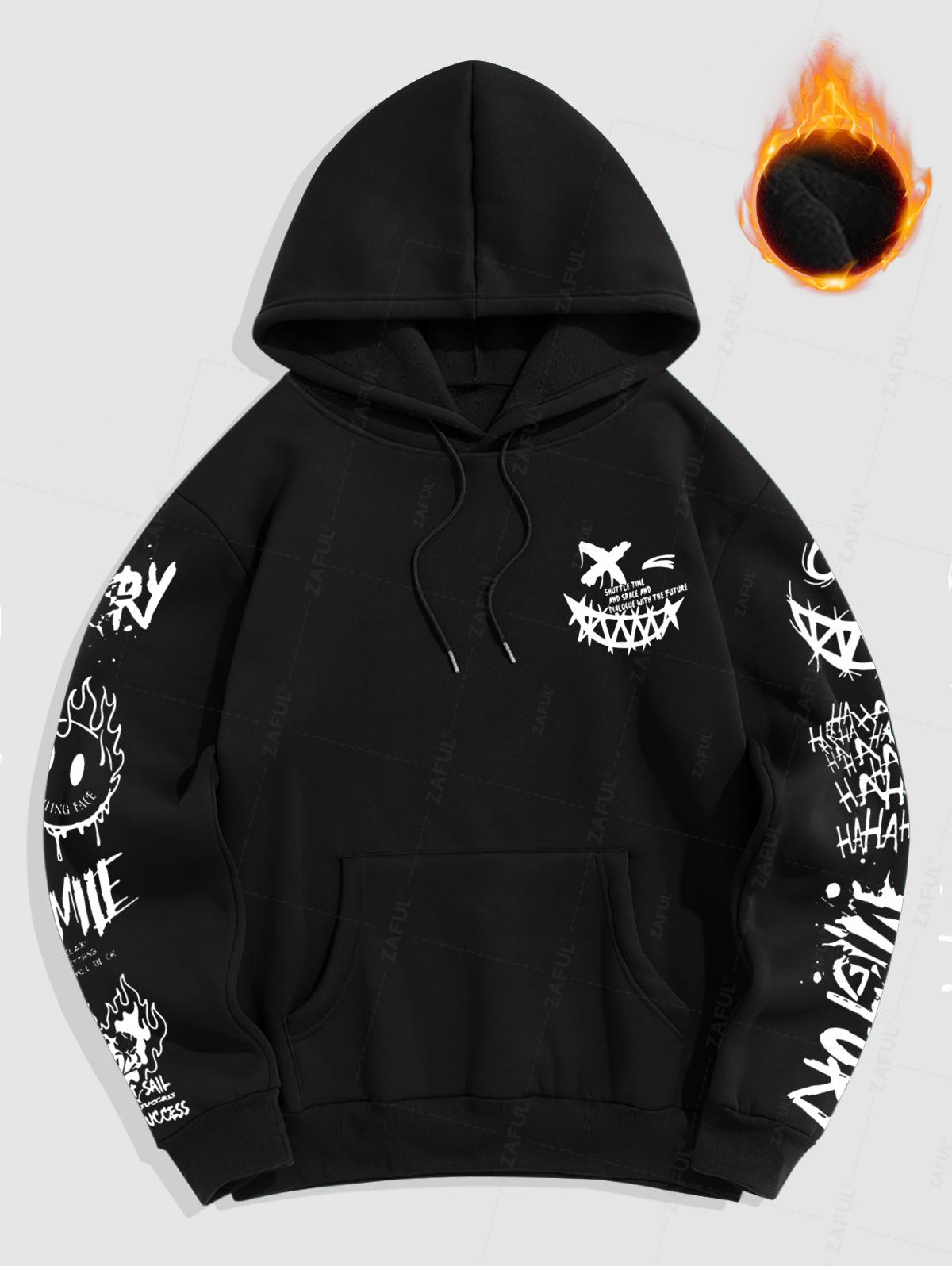 Men's Letter Smile Face Flame Floral Rose Pattern Fuzzy Fleece-lined Kangaroo Pocket Design Pullover Hoodie