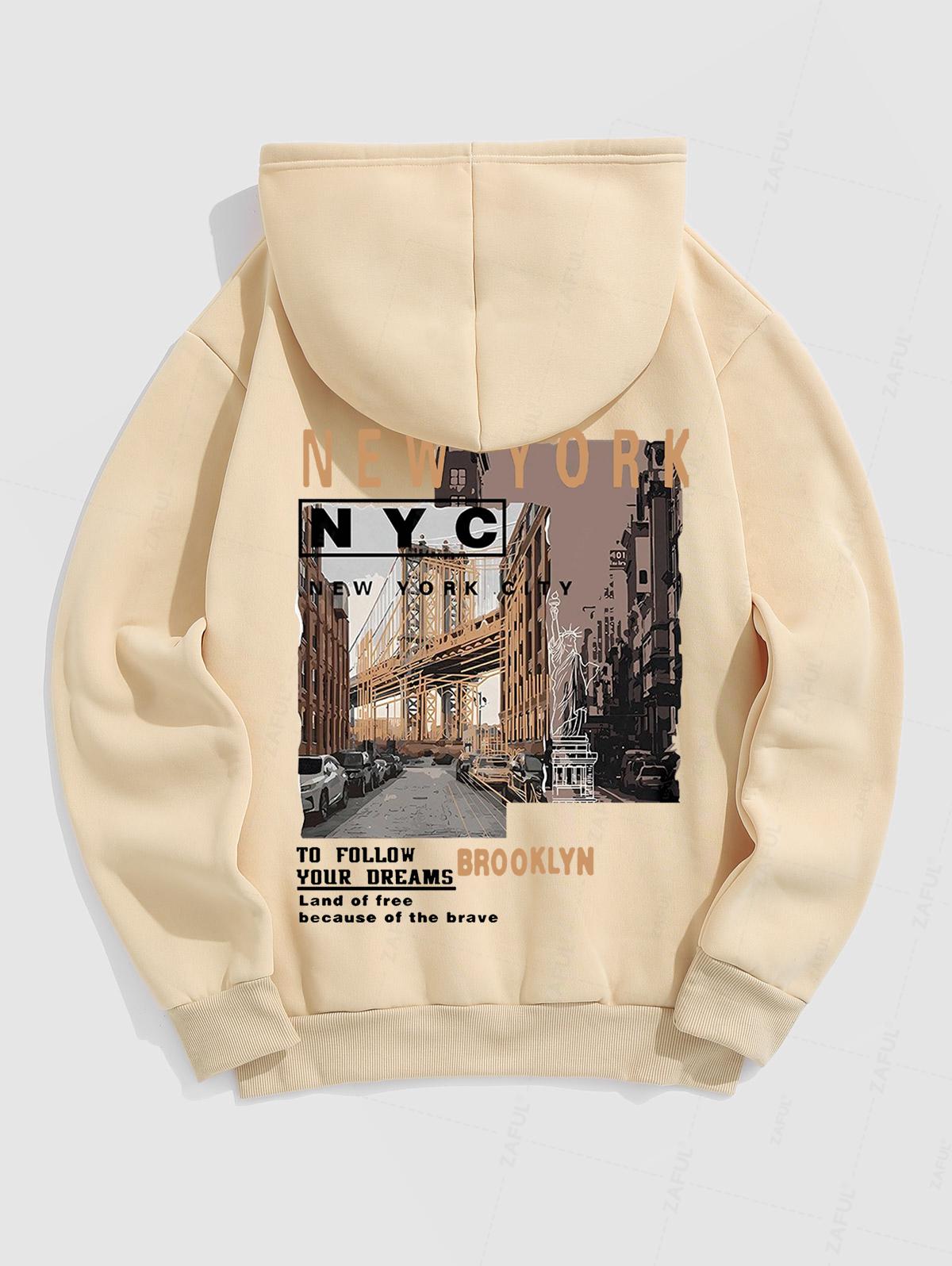 Men's NYC Letter Statue Of Liberty Graphic Pattern Fuzzy Fleece-lined Kangaroo Pocket Design Pullover Hoodie