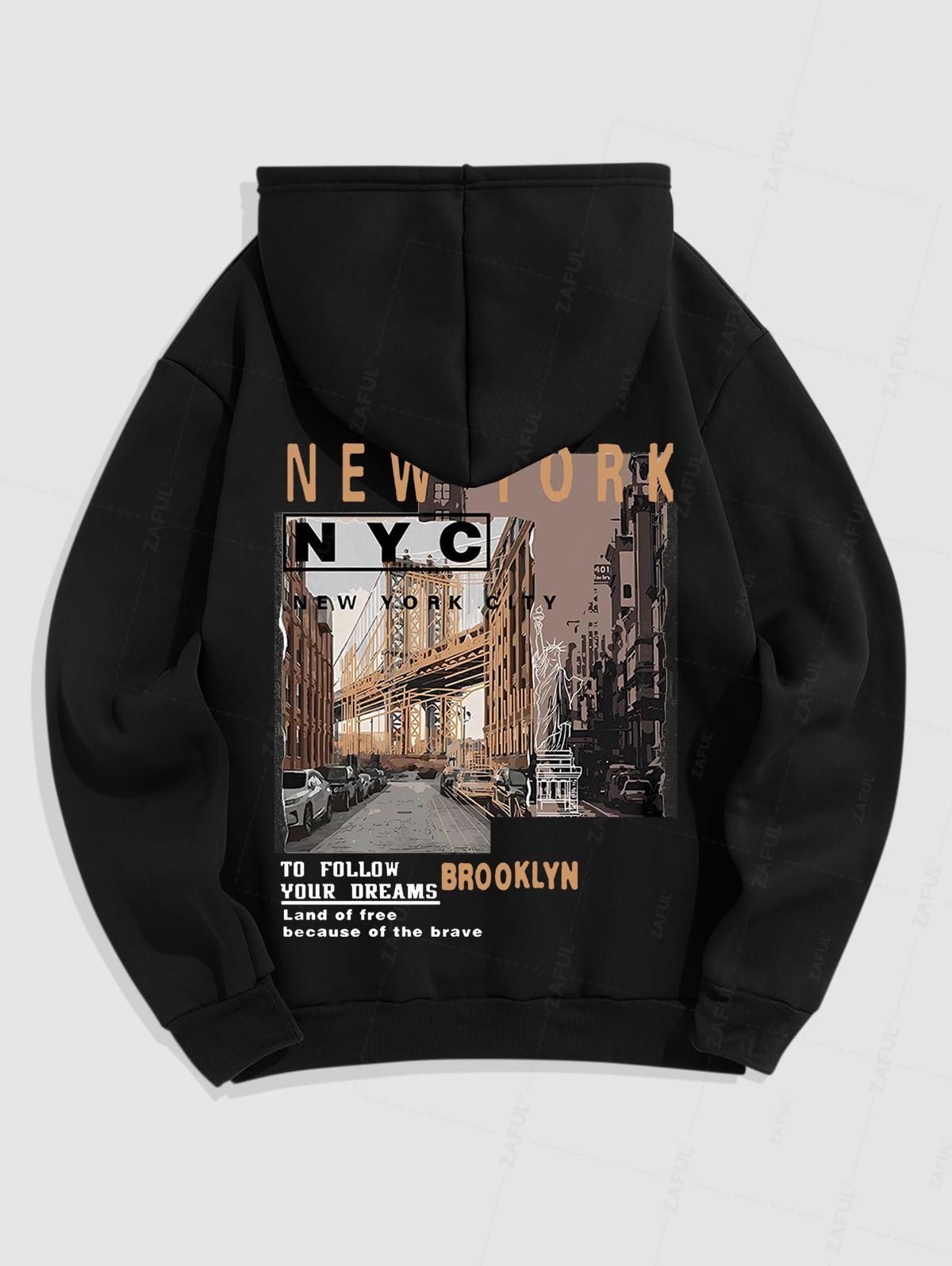 Men's NYC Letter Statue Of Liberty Graphic Pattern Fuzzy Fleece-lined Kangaroo Pocket Design Pullover Hoodie