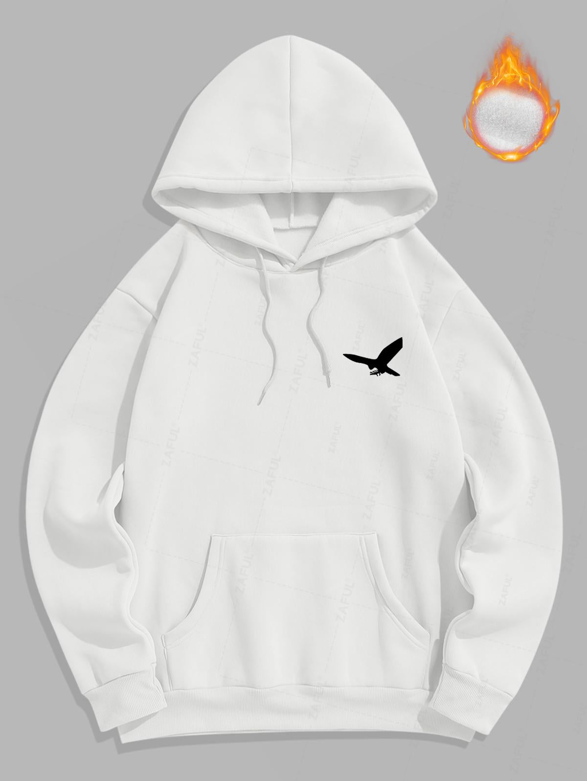 Men's Minimalist Style Bird Pattern Fuzzy Fleece-lined Kangaroo Pocket Design Pullover Hoodie