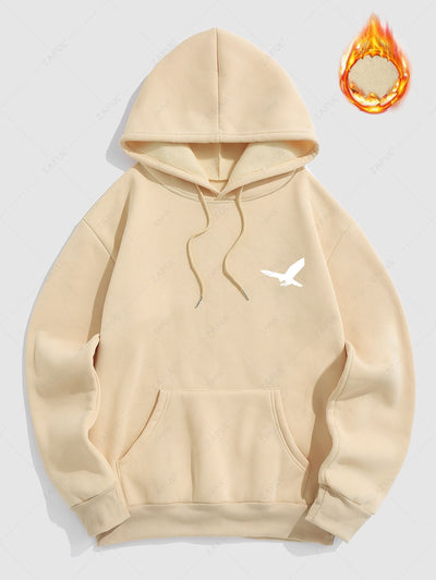 Men's Minimalist Style Bird Pattern Fuzzy Fleece-lined Kangaroo Pocket Design Pullover Hoodie