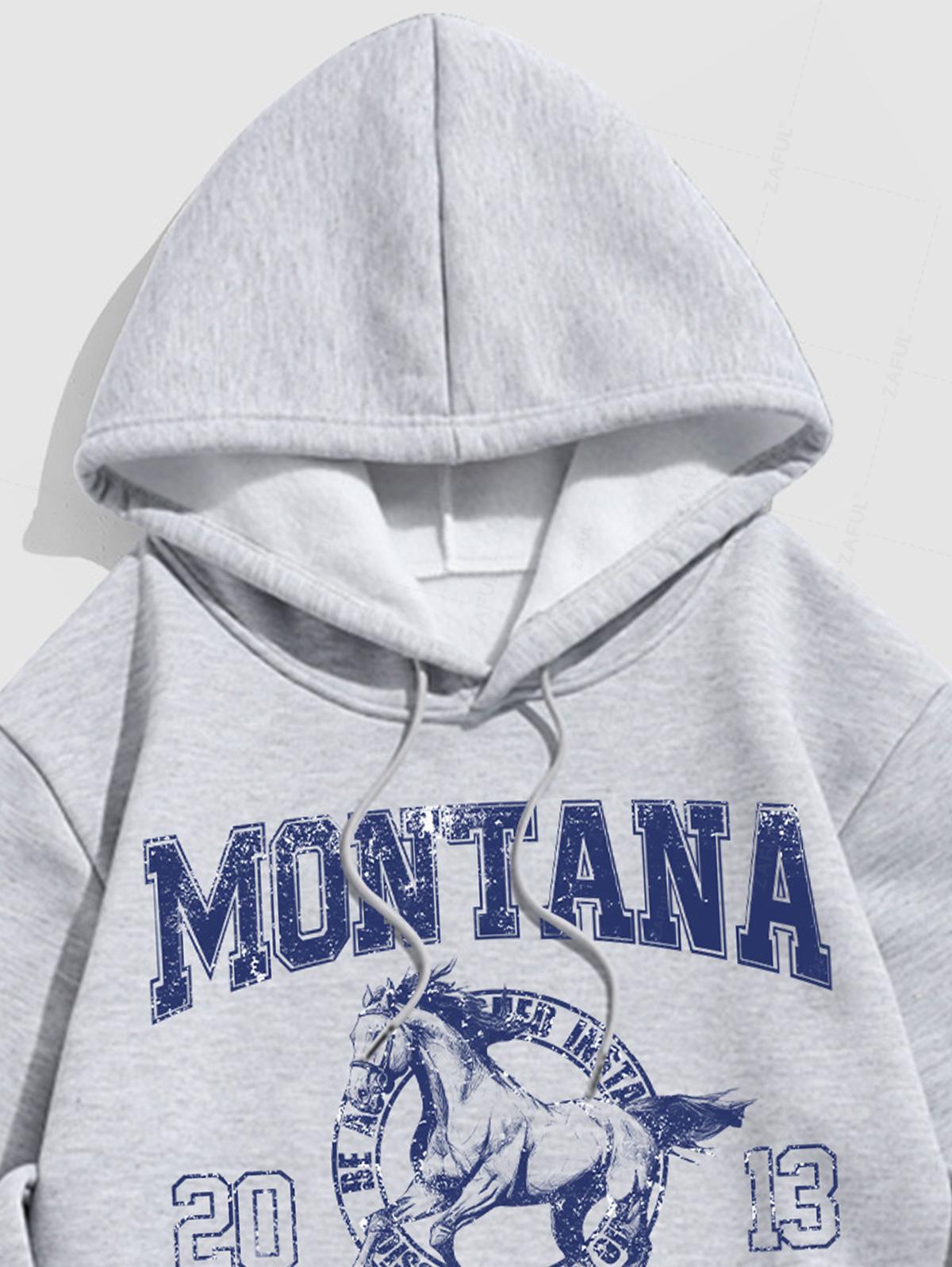 Men's MONTANA Letter Number Horse Graphic Pattern Fuzzy Fleece-lined Kangaroo Pocket Design Pullover Hoodie