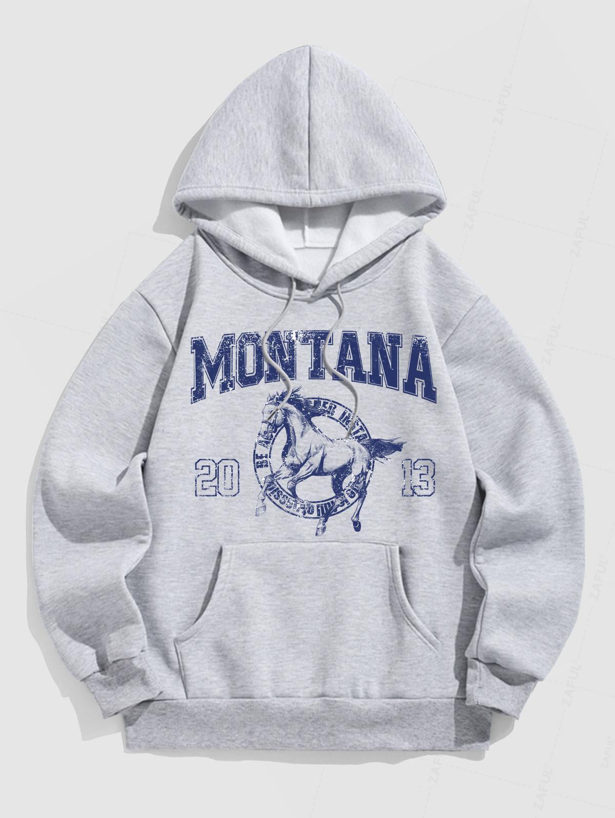 Men's MONTANA Letter Number Horse Graphic Pattern Fuzzy Fleece-lined Kangaroo Pocket Design Pullover Hoodie