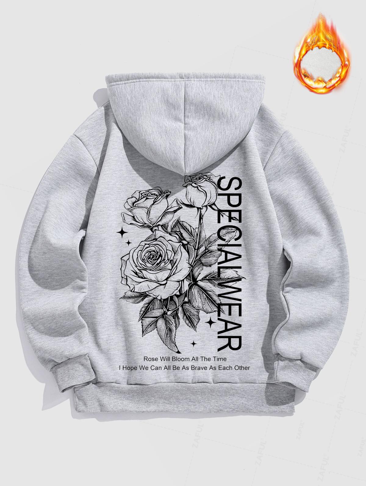 Men's Letter Floral Rose Pattern Fuzzy Fleece-lined Kangaroo Pocket Design Pullover Hoodie