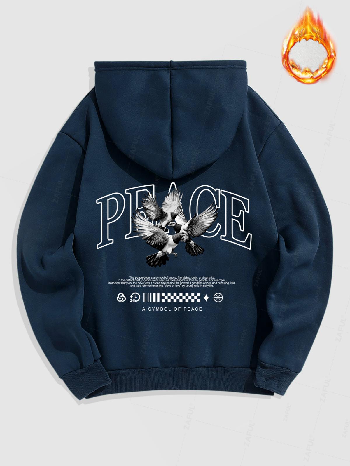 Men's Letter Peace Dove Graphic Pattern Fuzzy Fleece-lined Kangaroo Pocket Design Pullover Hoodie