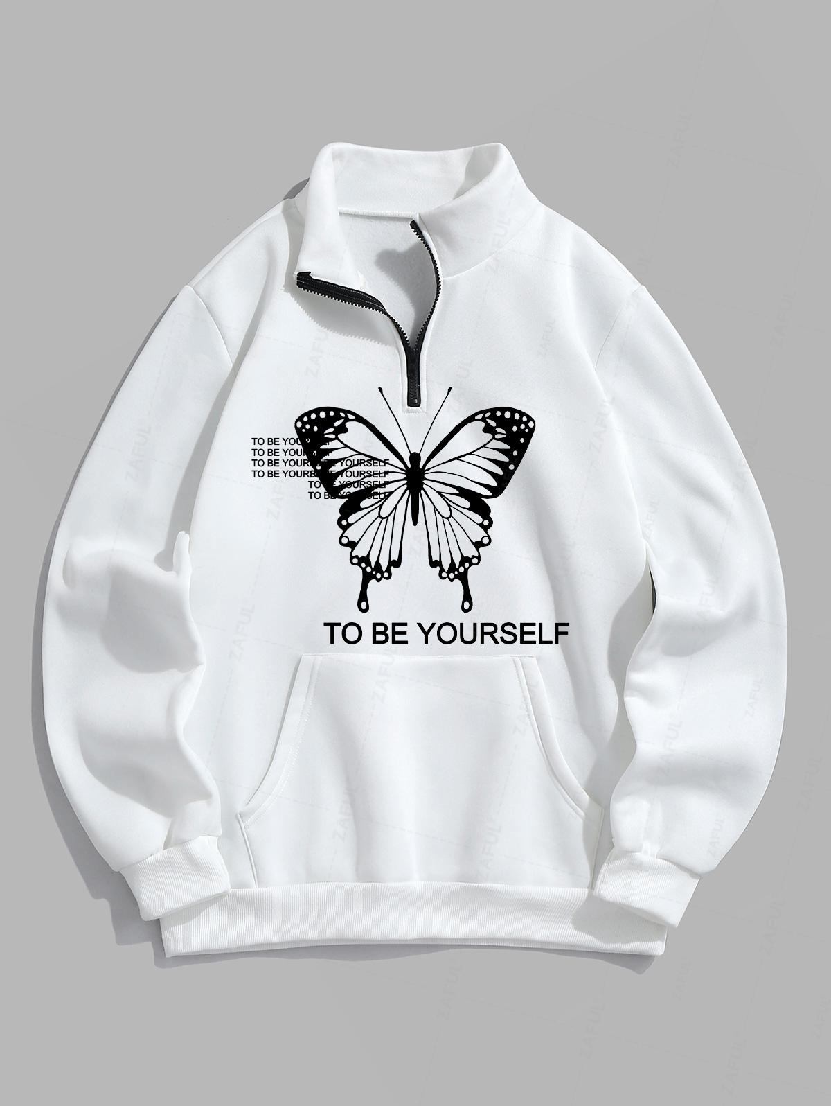 Men's Letter Butterfly Printed Fuzzy Fleece-lined Half Zip Stand Collar Kangaroo Pocket Design Pullover Sweatshirt