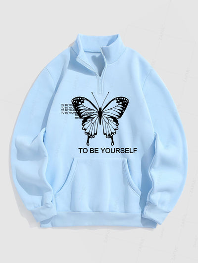 Men's Letter Butterfly Printed Fuzzy Fleece-lined Half Zip Stand Collar Kangaroo Pocket Design Pullover Sweatshirt