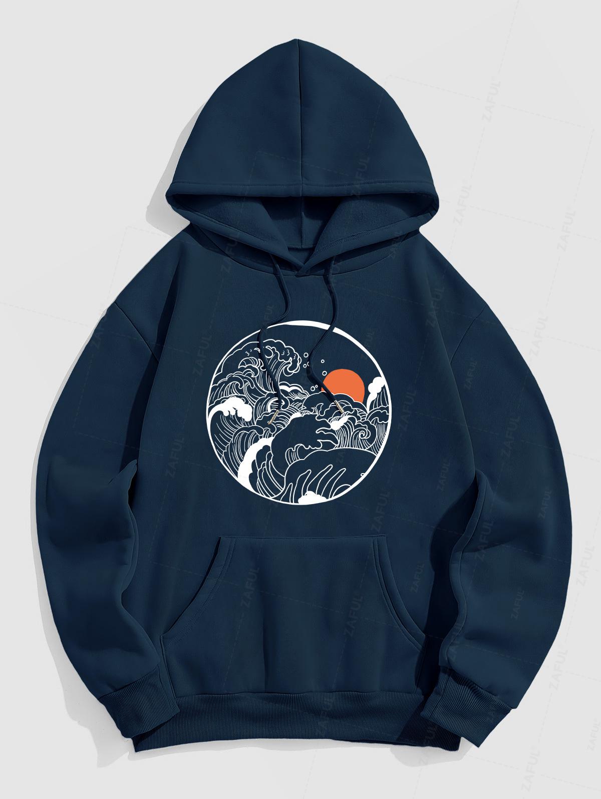 Men's Sea Waves Sun Graphic Pattern Fuzzy Fleece-lined Kangaroo Pocket Design Pullover Hoodie