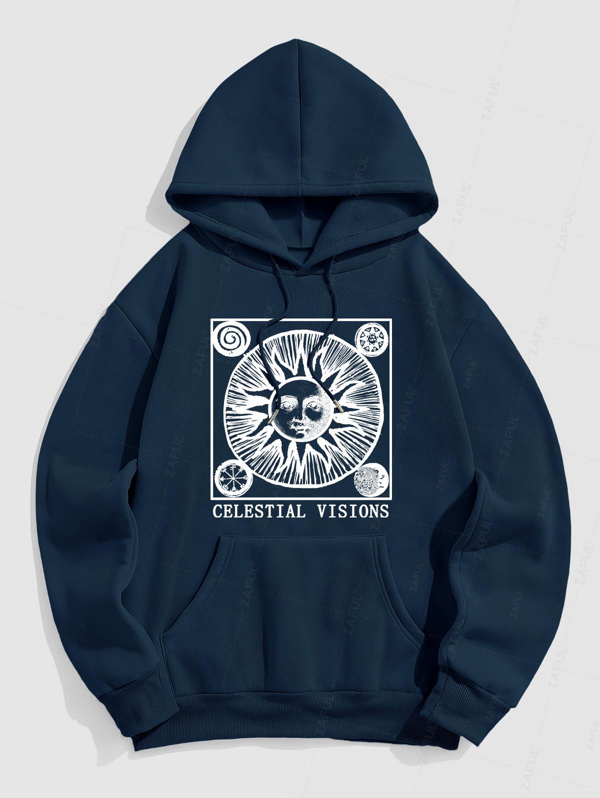 Men's Celestial Visions Letter Sun Face Graphic Pattern Fuzzy Fleece-lined Kangaroo Pocket Design Pullover Hoodie