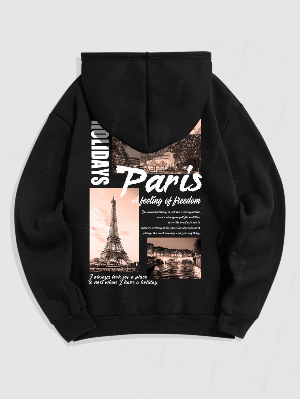 Men's Paris Holidays Letter Eiffel Tower Graphic Pattern Fuzzy Fleece-lined Kangaroo Pocket Design Pullover Hoodie