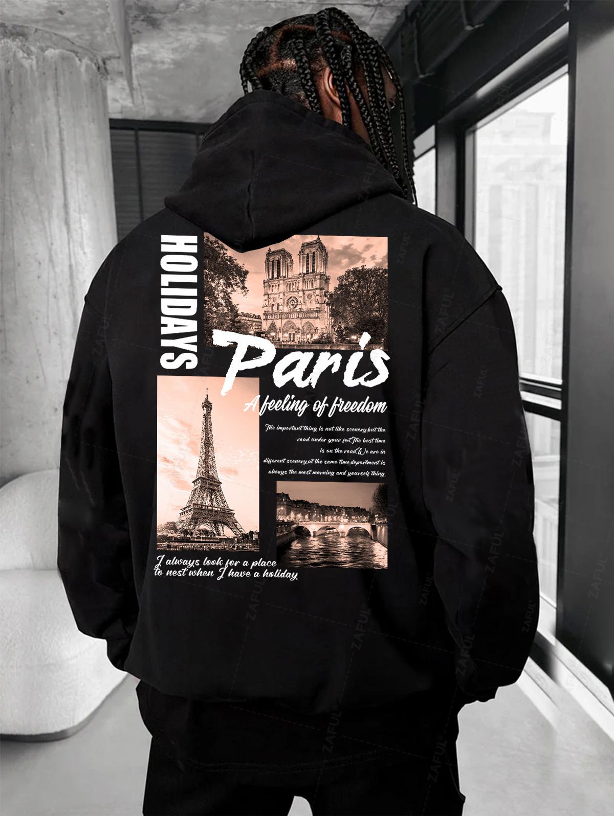 Men's Paris Holidays Letter Eiffel Tower Graphic Pattern Fuzzy Fleece-lined Kangaroo Pocket Design Pullover Hoodie