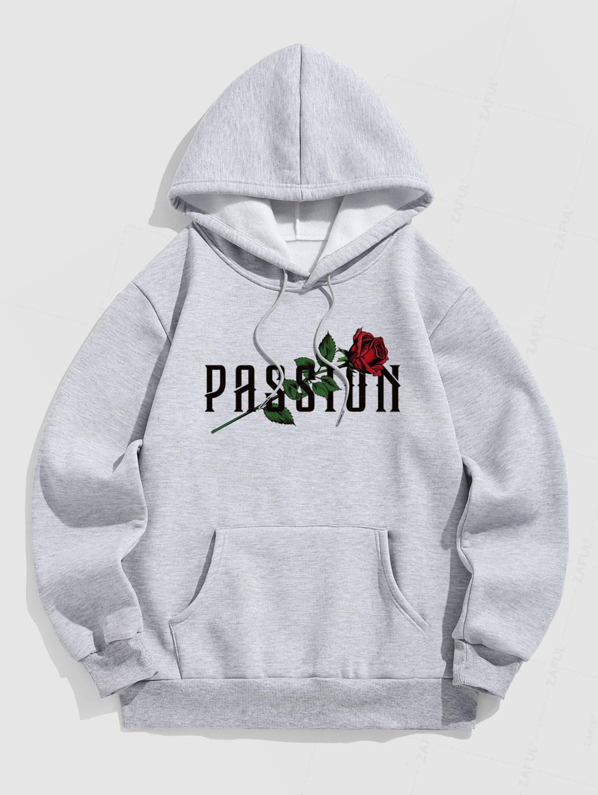 Men's Letter PASSION Floral Rose Pattern Fuzzy Fleece-lined Kangaroo Pocket Design Pullover Hoodie