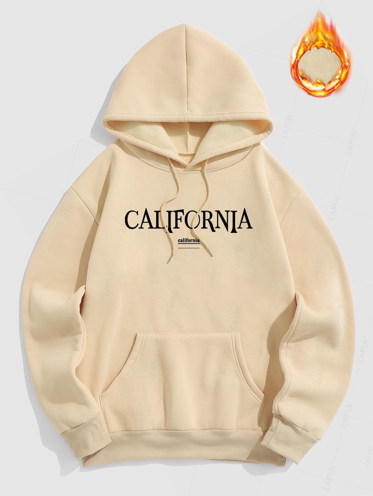 Men's Casual Letter California Pattern Fuzzy Fleece-lined Kangaroo Pocket Design Pullover Hoodie